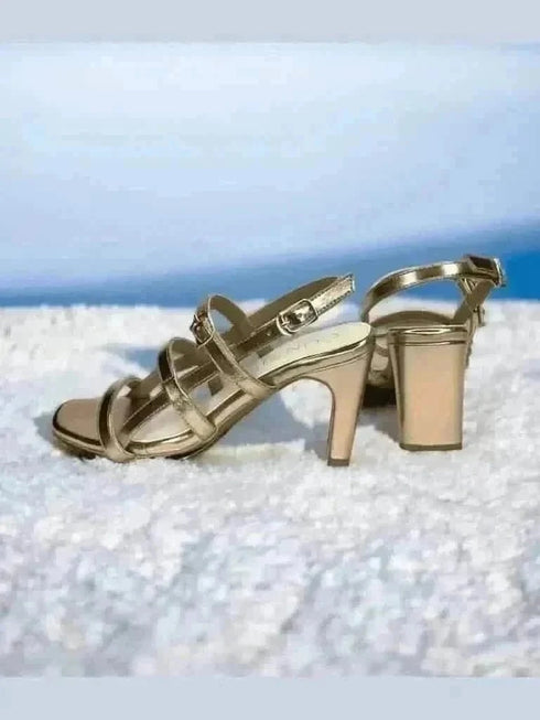 Womens Golden Three Tier Block Heels